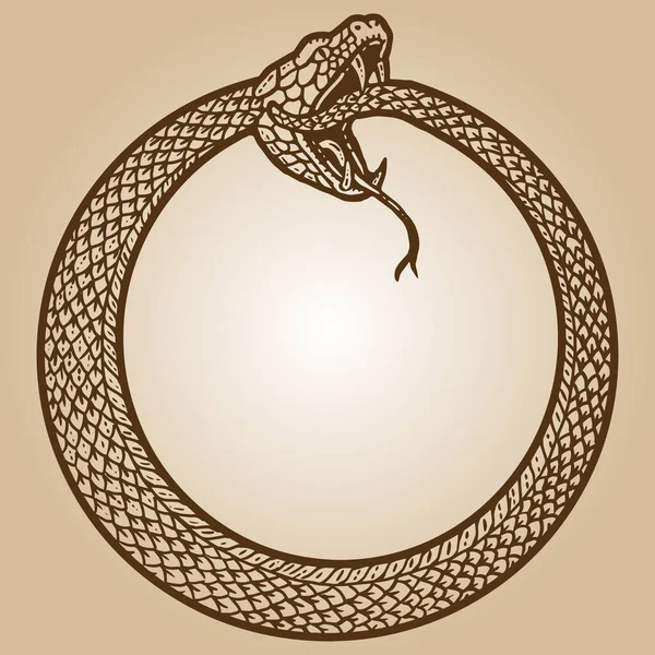 ウロボロス、ヘビはリングでコイル状になり、尾を噛んだ。スケッチボードの模倣セピアを彫る. — ストックベクタ