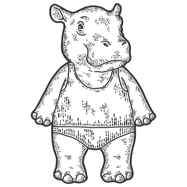 Dziecięcy hipopotam w szortach i koszulce. Ilustracja wektora grawerowania. Imitacja deski do szkicowania. — Wektor stockowy
