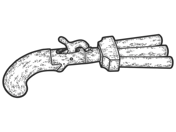 Três canhões de revólver. Ilustração vetorial de gravura. Sketch imitação placa de arranhão. — Vetor de Stock
