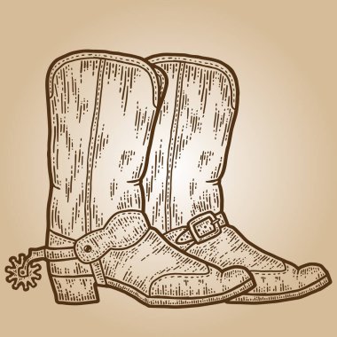 Kovboy çizmeleri. Çizim tahtası taklidi. Sepia el çizimi resim.