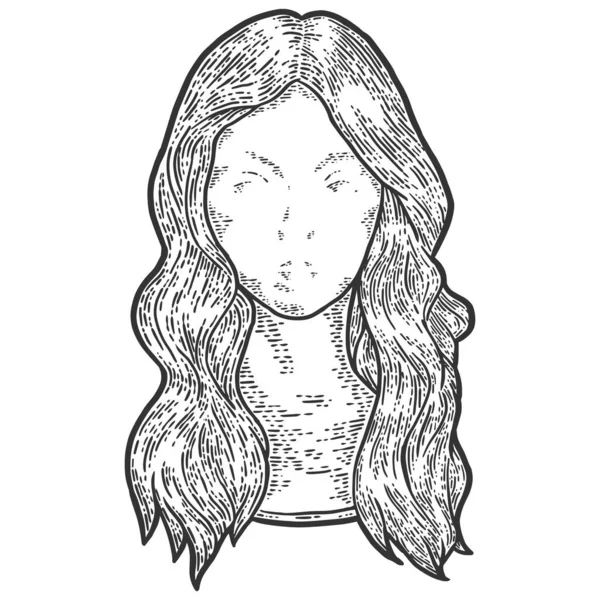Peluca femenina en una cabeza de maniquí. Grabado trama ilustración boceto — Foto de Stock