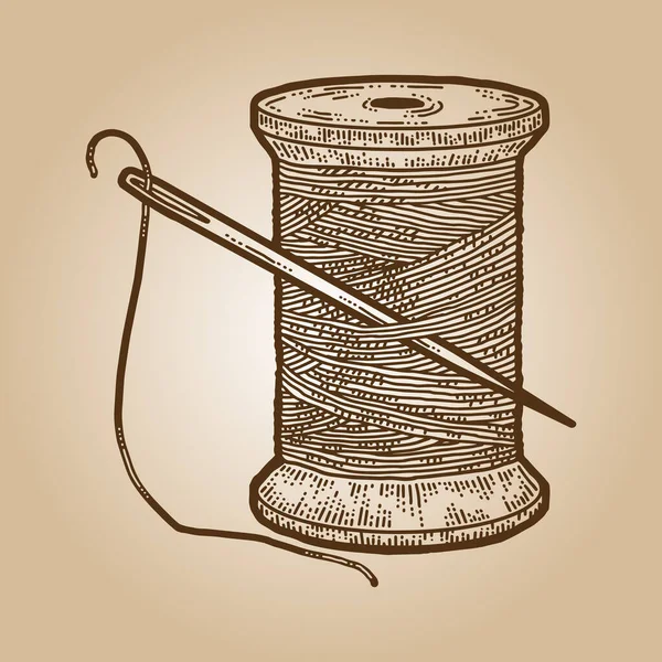 Skein draad met een naald voor het naaien geïsoleerd. Graveren schets krabplank imitatie sepia — Stockfoto