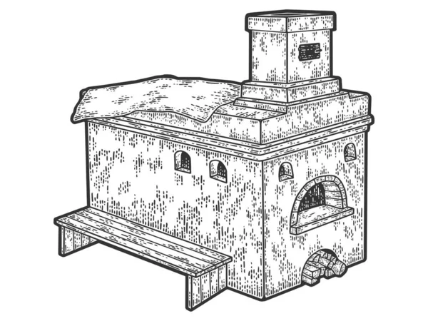 Fogão russo. Ilustração vetorial de gravura. Sketch imitação placa de arranhão. —  Vetores de Stock