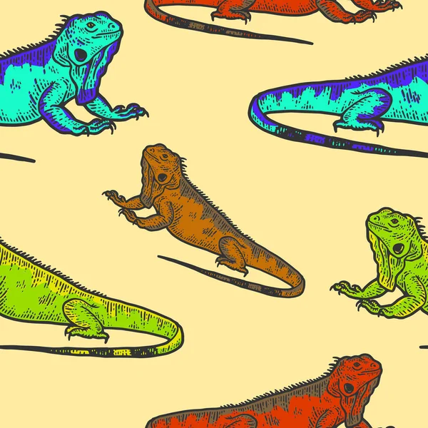 Esbozo de iguana sin costuras, dibujando un lagarto grande. Ropa impresión diseño color — Archivo Imágenes Vectoriales