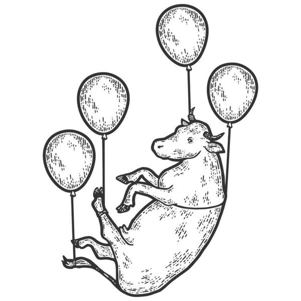 La vache vole sur des ballons. Illustration vectorielle de gravure. Croquis imitation de planche à gratter. — Image vectorielle