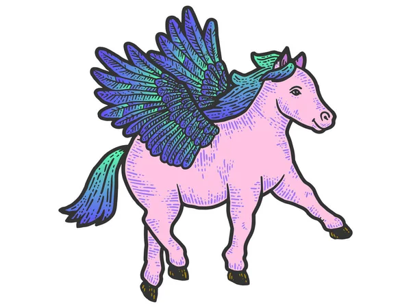 Kleiner Pegasus, Pony mit Flügeln. Gravur-Vektor Illustration Farbe. — Stockvektor