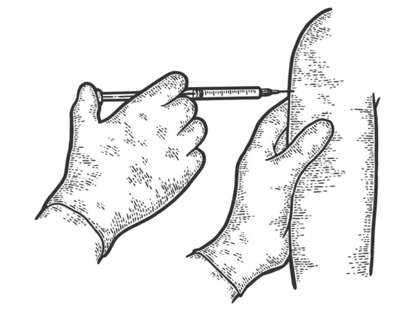 Vaccination i axeln mot sjukdomar. Gravyr vektor illustration. — Stock vektor