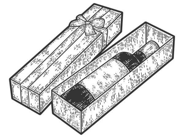 Presentflaska vin i en låda. Gravyr vektor illustration. Skiss repan imitation. — Stock vektor