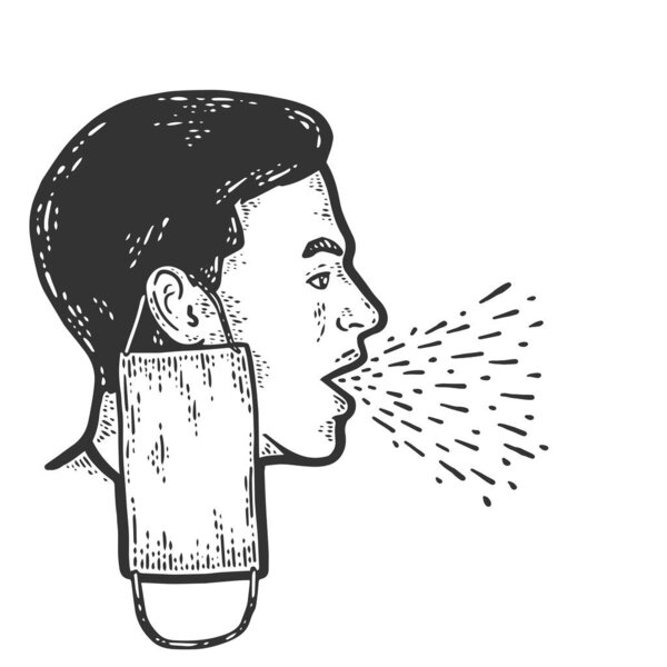 Coughing man with mask removed. Engraving vector illustration.