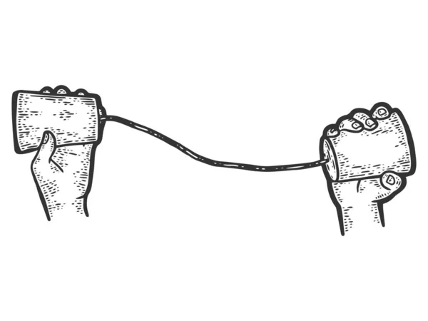 Tazza e telefono a corda. Illustrazione vettoriale di incisione. Schizzo — Vettoriale Stock