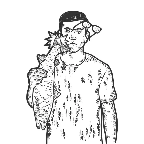 Cortar cauda de rabo de peixe. Ilustração vetorial de gravura. Sketch imitação placa de arranhão. — Vetor de Stock