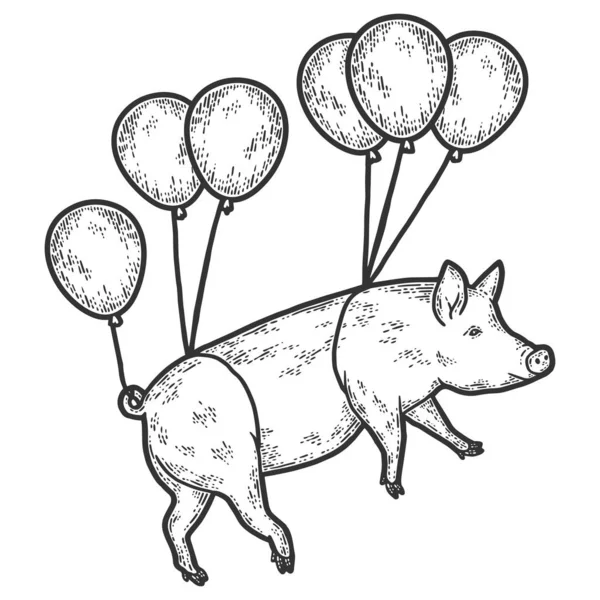 马戏团，一只猪骑着气球飞。雕刻矢量图解。划痕板仿制. — 图库矢量图片