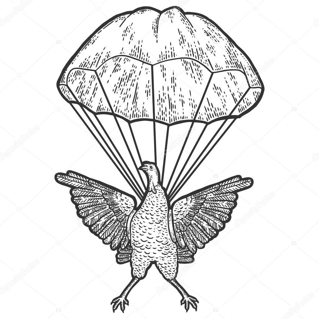 Turkey is hovering in a parachute. Engraving vector illustration.