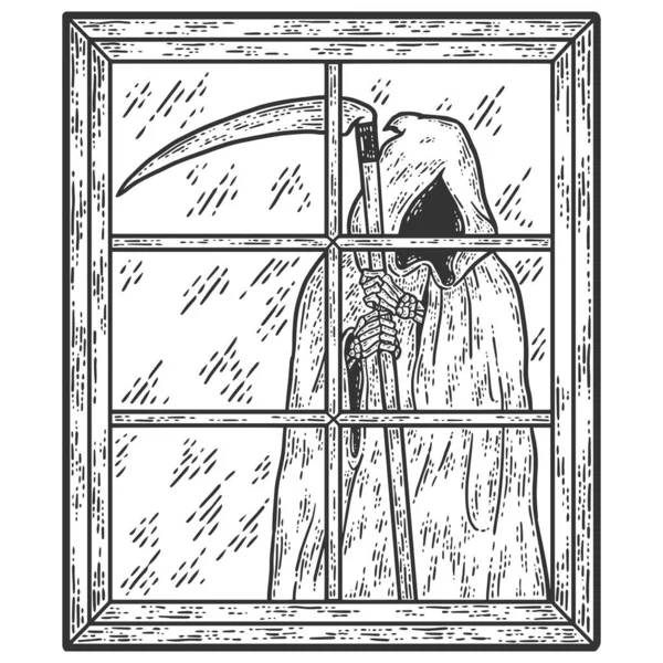 La mort est par la fenêtre. Illustration vectorielle de gravure. — Image vectorielle