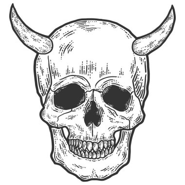 Boynuzlu insan kafatası. Kabartma vektör illüstrasyonu. Çizim çizimi