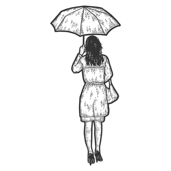 Une fille sous le parapluie. Pleine hauteur. Illustration vectorielle de gravure. — Image vectorielle