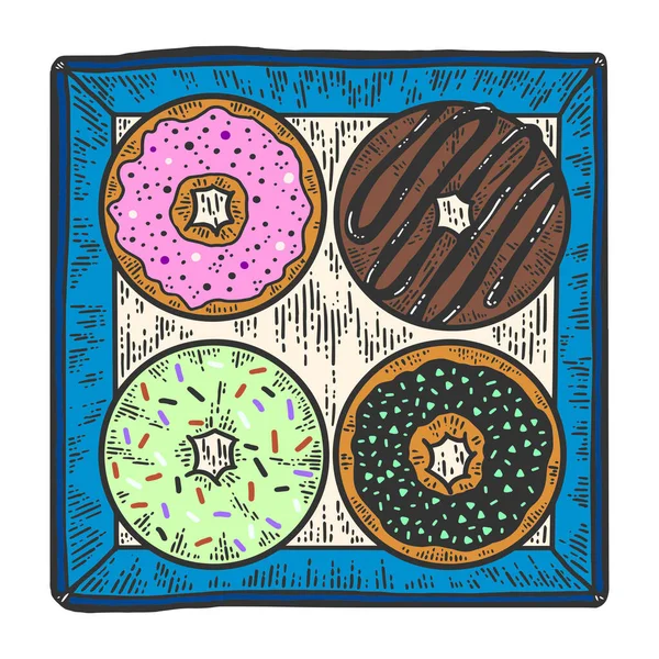 Vier donuts in een doos. Apparel print ontwerp. Kleur met de hand getekend afbeelding. — Stockvector