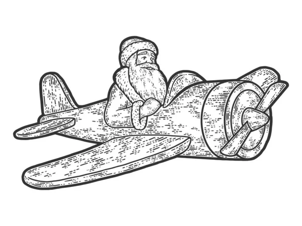 サンタクロースが飛行機に乗っている。ベクトル図の彫刻. — ストックベクタ