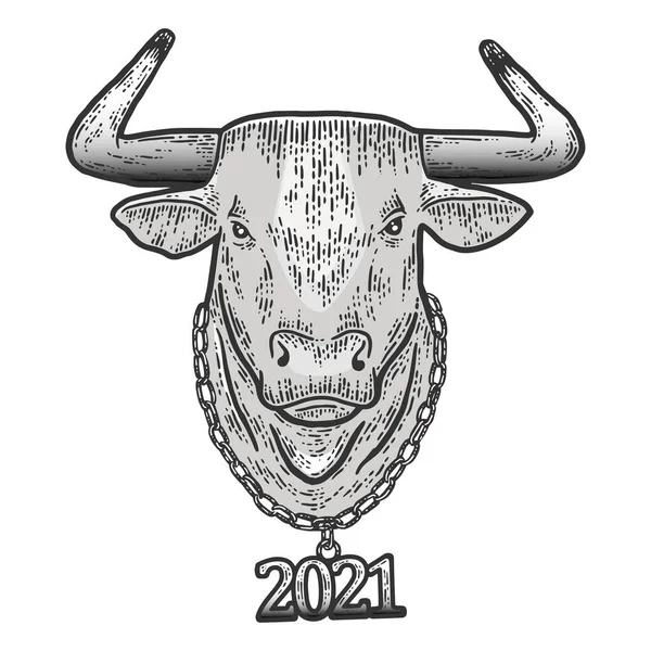 Πρωτοχρονιά, ατσάλινη κεφαλή ταύρου με αλυσίδα 2021. Απομίμηση χαρτονιού σκετς. — Φωτογραφία Αρχείου