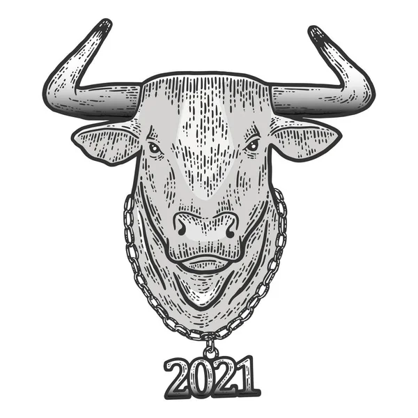 Ano Novo, cabeça de touro de aço com corrente 2021. Sketch imitação placa de arranhão. — Vetor de Stock