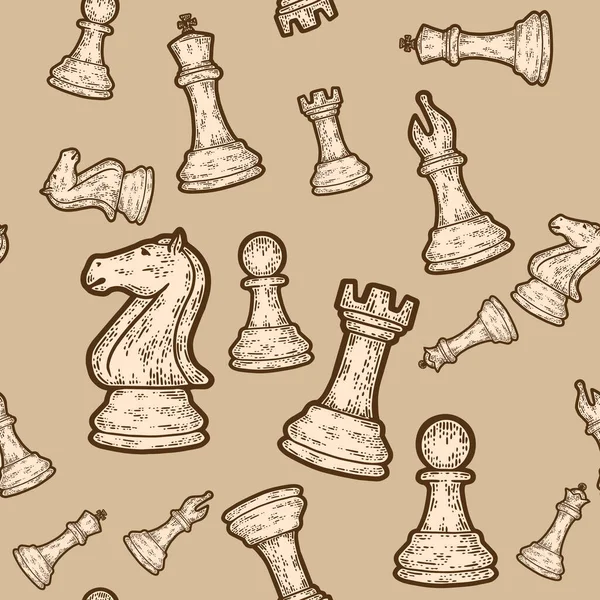 Sepia sin costuras juego de piezas de ajedrez. Ilustración de vectores de grabado. Boceto rasguño — Vector de stock