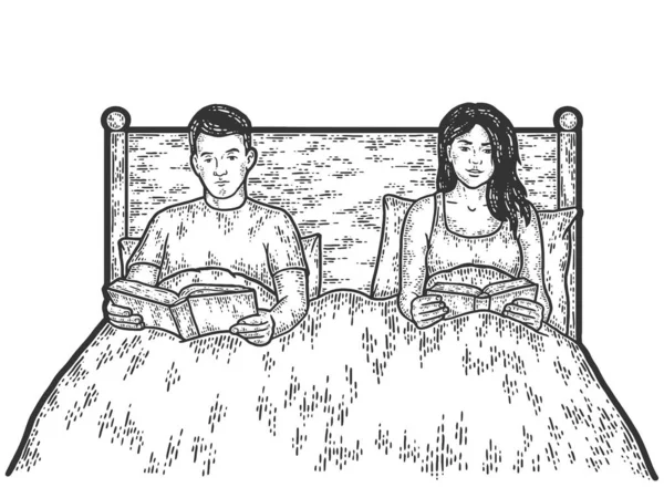 Casado casal antes de ir para a cama, ler livros. Ilustração vetorial de gravura. — Vetor de Stock
