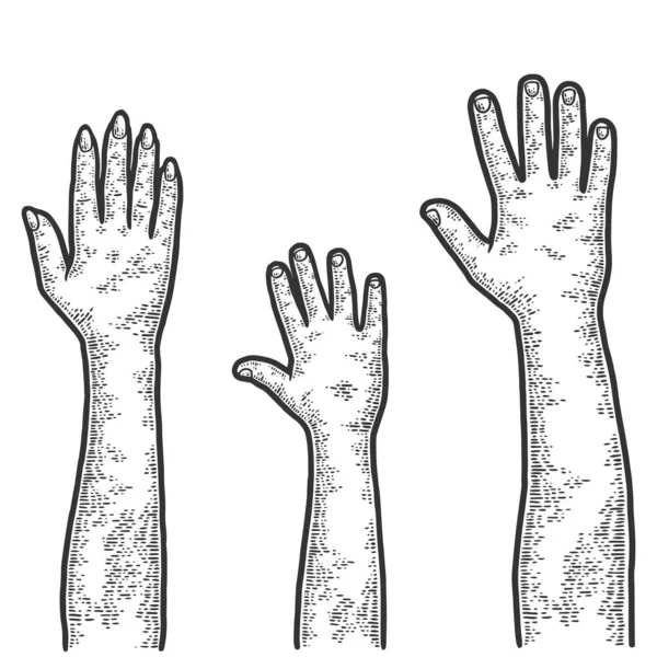 Três mãos, pronto. Homem, mulher e criança. Ilustração vetorial de gravura. —  Vetores de Stock