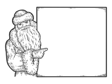 Noel Baba boş bir işareti işaret ediyor. Gravür çizimi.