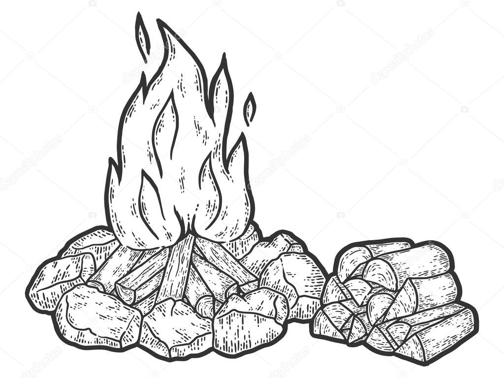 Bonfire and logs. Engraving vector illustration. Sketch scratch
