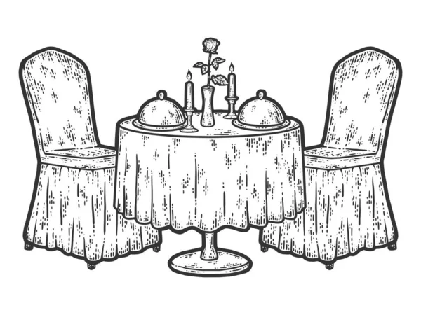 Una mesa romántica. Cena romántica. Día de San Valentín. Ilustración vectorial grabado. — Vector de stock