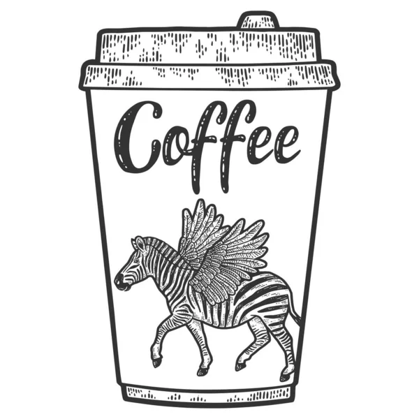 Design of a glass of coffee, zoo, zebra with wings. Engraving vector illustration. — Stock Vector