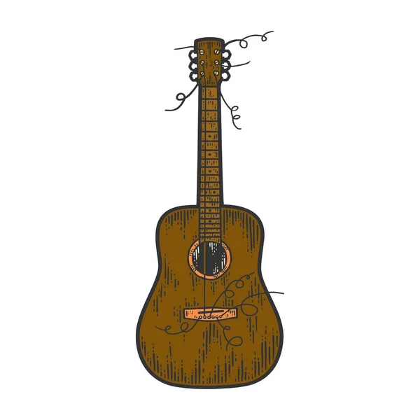 Guitarra con cuerdas rotas. Dibujo de imitación de pizarra de color. Vector de grabado — Archivo Imágenes Vectoriales