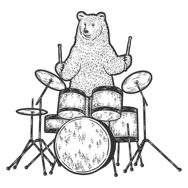 Bear plays the drum set. Engraving vector illustration. Sketch. — Stockový vektor