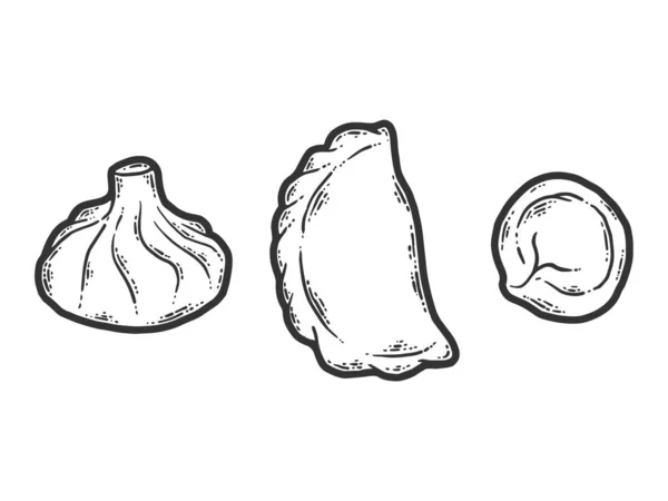 Diferentes tipos de bolinhos e estilos. Dumplings e khinkali. — Fotografia de Stock