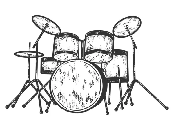 Kit de tambor. Ilustración de vectores de grabado. Boceto rasguño — Vector de stock