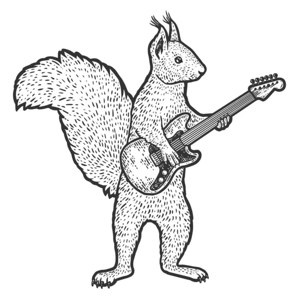 Squirrel plays the electric guitar. Engraving vector illustration. — Stock Vector