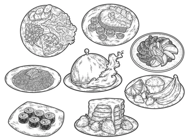 Preparado, comida em pratos. Ilustração vetorial de gravura. Arranhão de esboço. —  Vetores de Stock