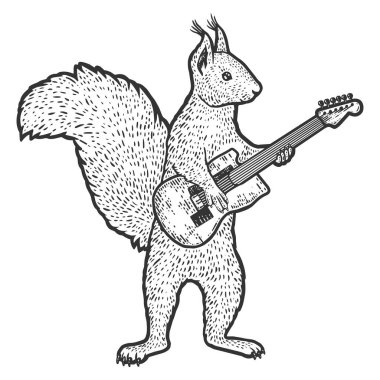 Squirrel plays the electric guitar. Engraving vector illustration. clipart