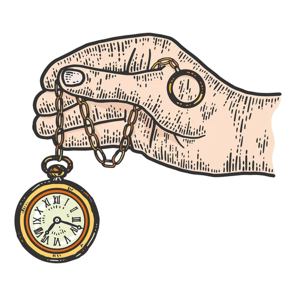 Mano masculina sostiene reloj de bolsillo. Boceto imitación tablero de rasca. — Archivo Imágenes Vectoriales