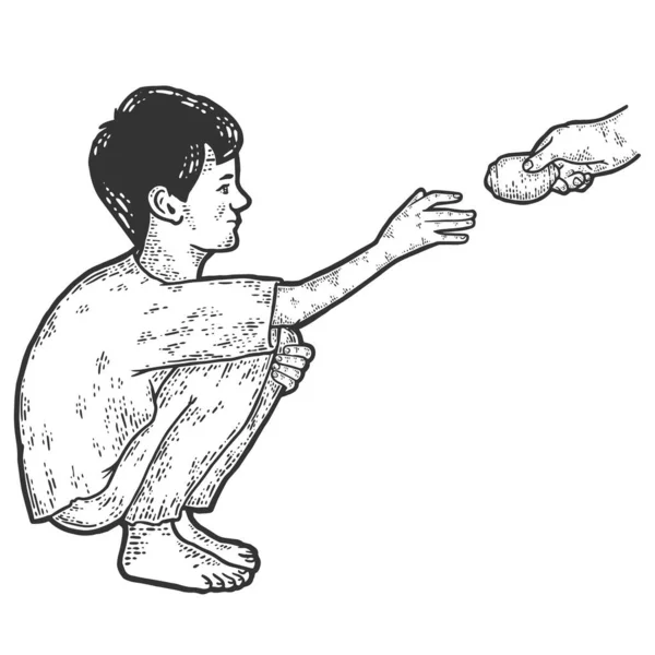 Fattigdom. Hemlös pojke drar i handen för att få mat. Skiss repan imitation. — Stock vektor