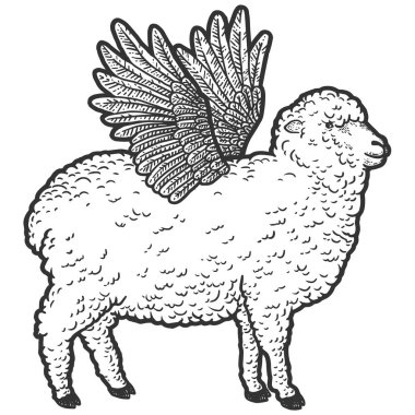 Kuş kanatlı koyunlar. Çizim tahtası taklidi. Siyah ve beyaz.