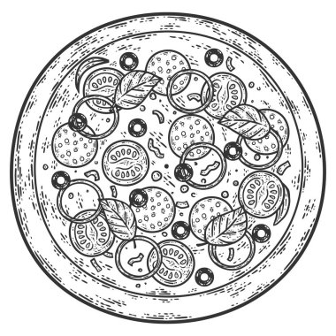 Yuvarlak pizza. Çizim tahtası taklidi. Siyah ve beyaz.