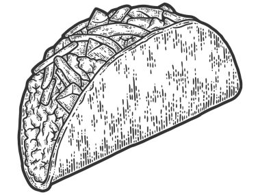 Taco, geleneksel Meksika yemeği. Çizim tahtası taklidi. El çizimi resim renklendiriliyor.