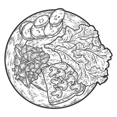 Tabakta yemek. Kabartma vektör illüstrasyonu. Çizim çizimi.