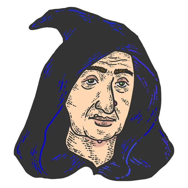 Head of a witch in a hood. Sketch scratch board imitation color. — Stock Photo, Image