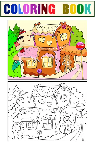 Gingerbread house in the woods. Dessert building. Set of coloring book and color picture. — Stock Photo, Image