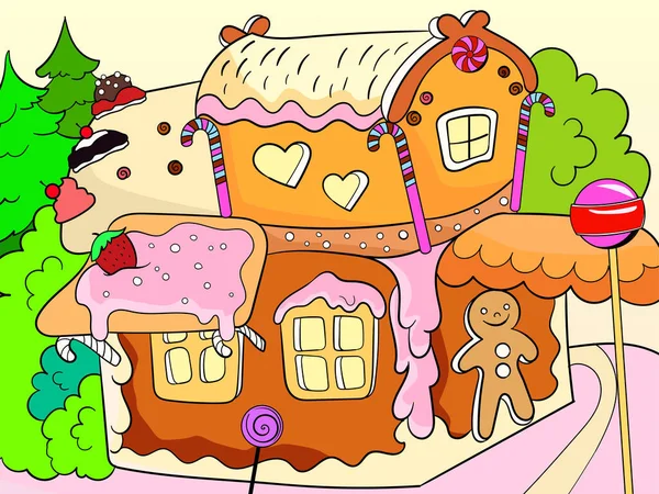 树林里的姜饼屋甜点建筑。儿童彩色书. — 图库照片