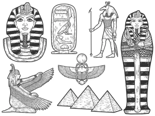 Egypt - hand drawn set. Sketch scratch board imitation. Black and white. — стоковый вектор