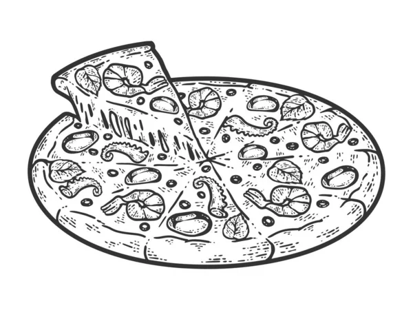 Pizza redonda con mariscos. Imitación del sketch scratch board. Blanco y negro. — Foto de Stock