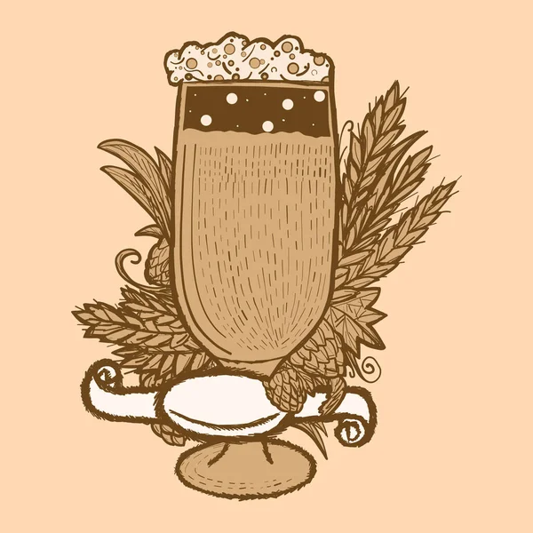 Bieretiket in een glas met hop, tarwespijkers en blanco lint. Retro kleur, sepia schets. — Stockvector